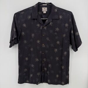 LUAU Button Down Shirt Mens M Black Palm Tree 100% Silk Camp Aloha Hawaiian